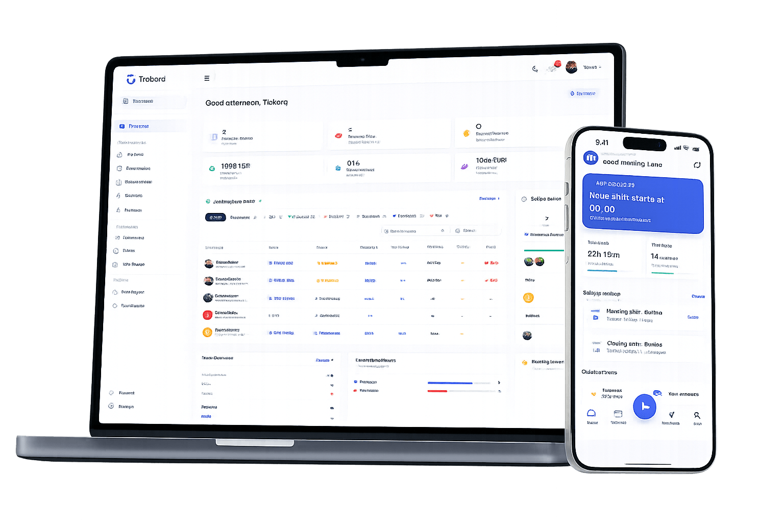 Tickora dashboard on laptop and mobile app on iPhone